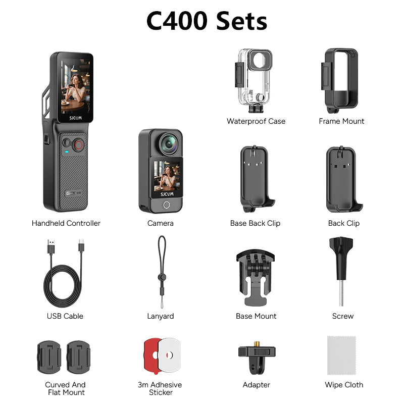 SJCAM C400 4K Pocket Camcorder with Stabilization, WiFi for Travel Vlogging & Family Handheld Recording Touch Screen Live Stream Trekker Essentials