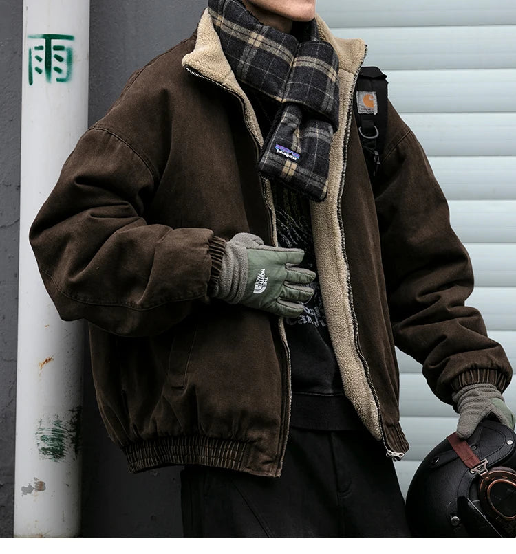 Vintage Polar Fleece Jacket Men's Winter Thick Loose Fit Streetwear Warm Coat