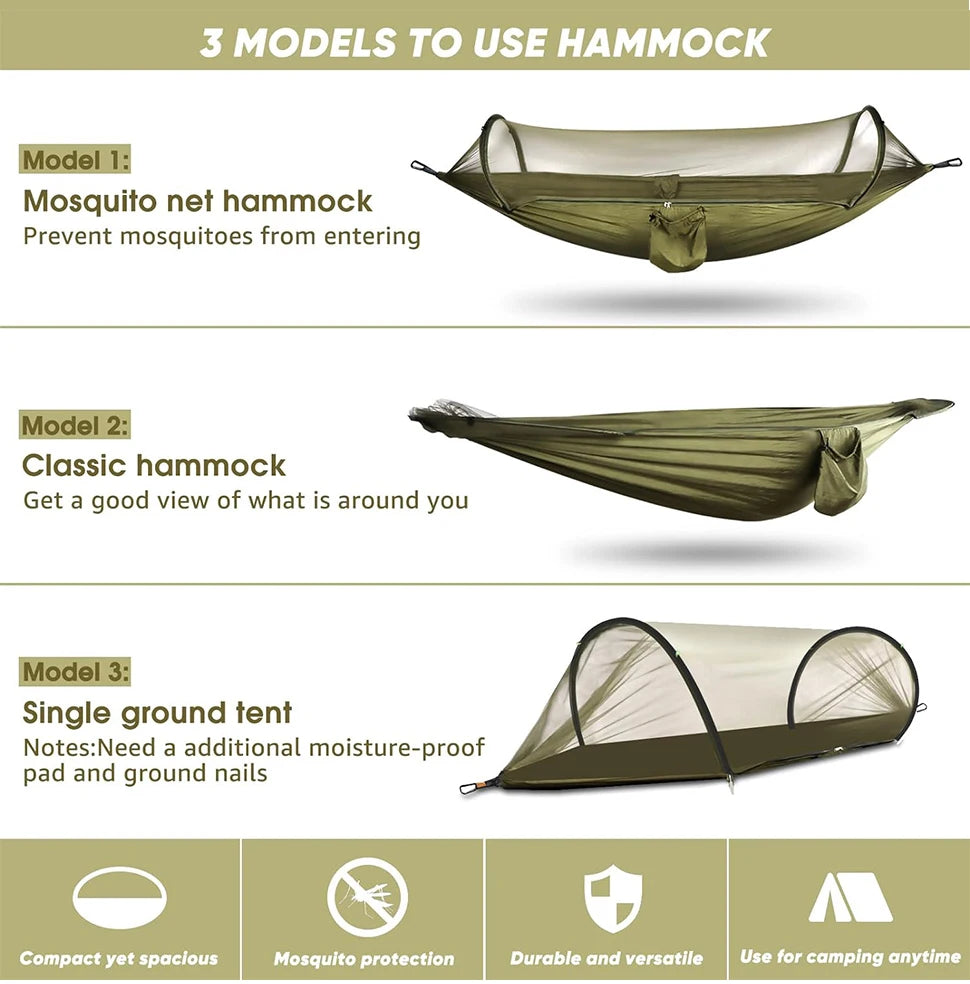 WESTTUNE 3 in 1 Camping Hammock with Mosquito Mesh Automatic Quick Opening Nylon Hammock Anti-Mosquito Hammock for Outdoor Trekker Essentials