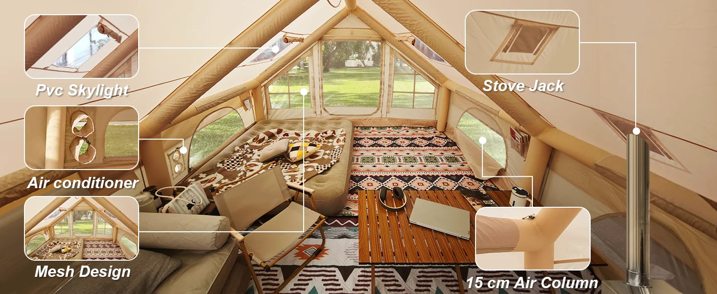 Portable Inflatable Camping Tent 2/4/6/8 Person for Family 420D Oxford Inflatable Tent House with Skylight 4 Seson Blow up Tent with Stove Jack AC Vent Mesh Window Trekker Essentials