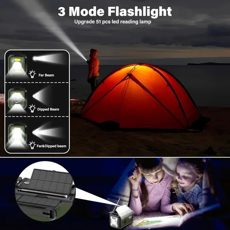12000mAh Solar Emergency Radio – AM/FM Weather Alert, Hand Crank Power Bank, SOS Alarm & Reading Lamp for Camping, Hiking & Survival