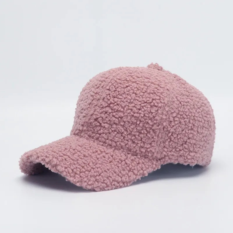 Gorra de béisbol de otoño-invierno para mujer: gorro de felpa abrigado con correa ajustable