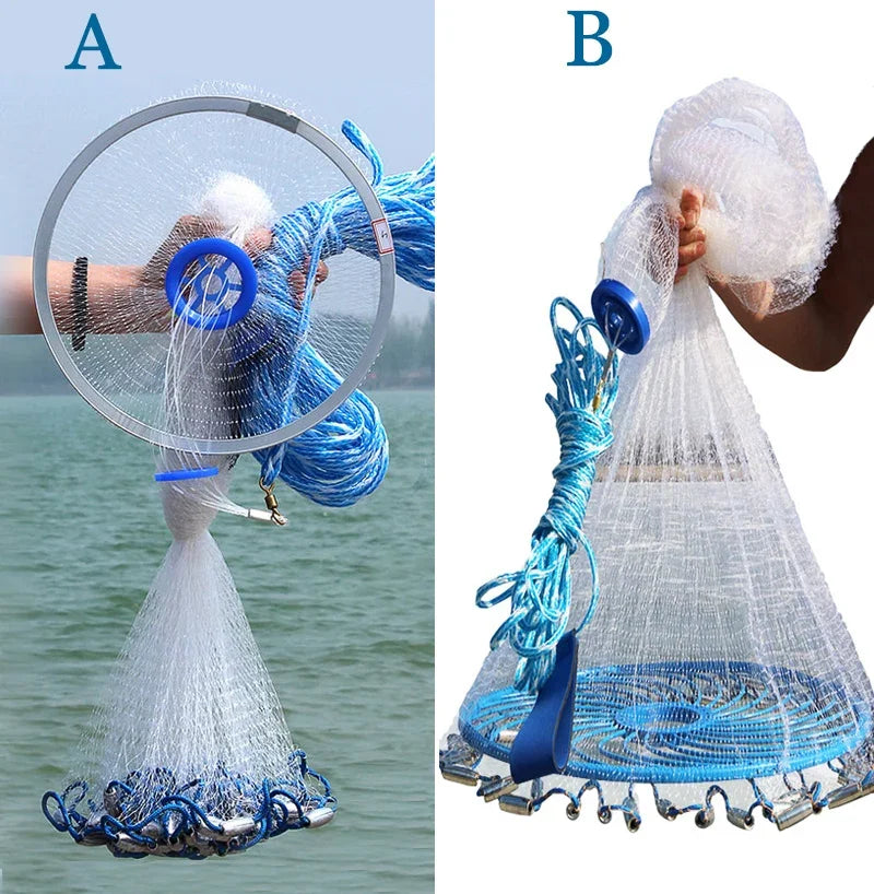 Lawaia Hand Cast Net Aluminum or Blue Plastic Ring Folding Network Steel Pendant Monofilament Nylon Fishing Line Fishnet Trekker Essentials