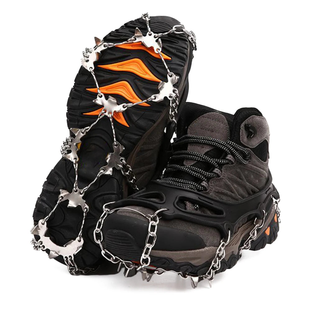 Crampones de hielo de 24 dientes: agarres ligeros de acero inoxidable para nieve con bolsa de transporte para senderismo y running en invierno.