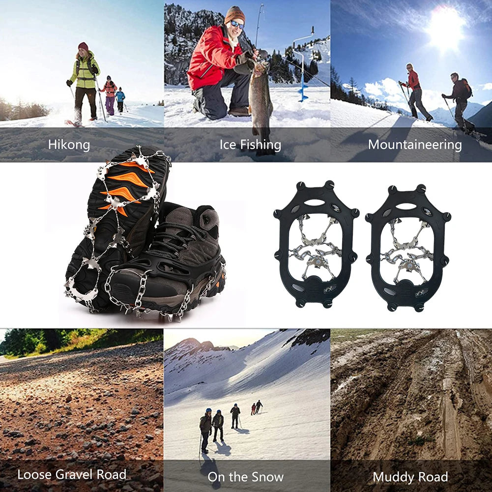 Crampones de hielo de 24 dientes: agarres ligeros de acero inoxidable para nieve con bolsa de transporte para senderismo y running en invierno.