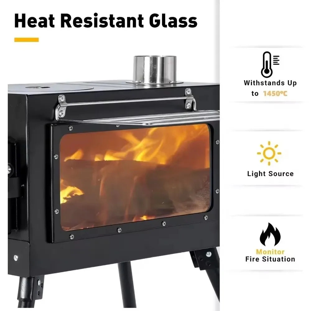 Portable Stainless Steel Tent Stove: Wood Burning Stove with Chimney Pipe for Camp Heating & Cooking
