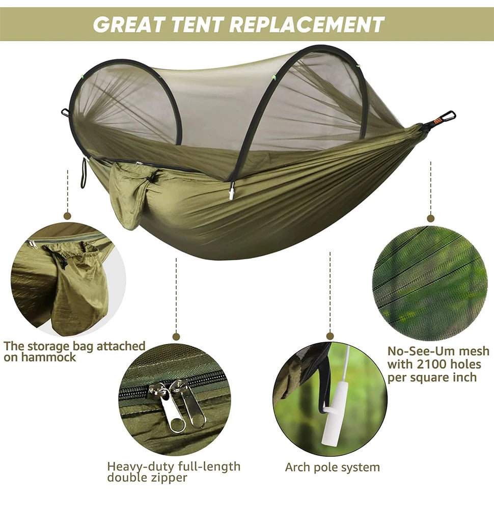 WESTTUNE 3 in 1 Camping Hammock with Mosquito Mesh Automatic Quick Opening Nylon Hammock Anti-Mosquito Hammock for Outdoor Trekker Essentials
