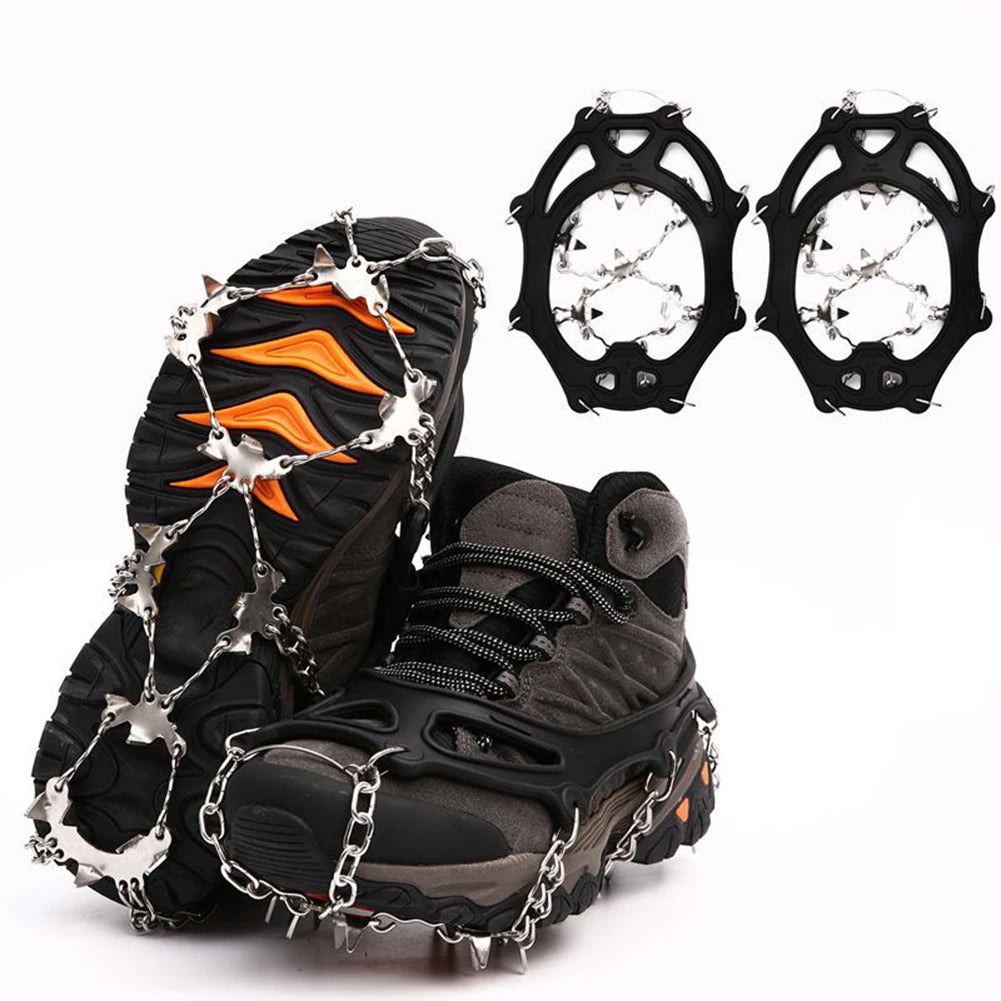 Crampones de hielo de 24 dientes: agarres ligeros de acero inoxidable para nieve con bolsa de transporte para senderismo y running en invierno.