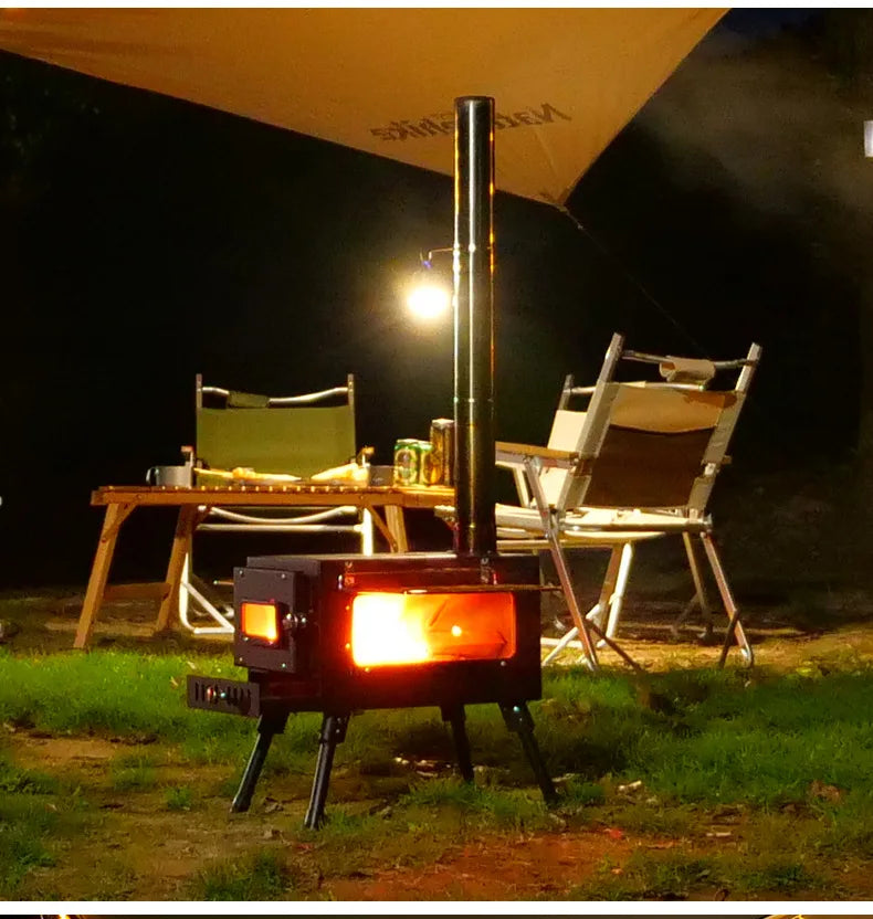 Portable Stainless Steel Tent Stove: Wood Burning Stove with Chimney Pipe for Camp Heating & Cooking