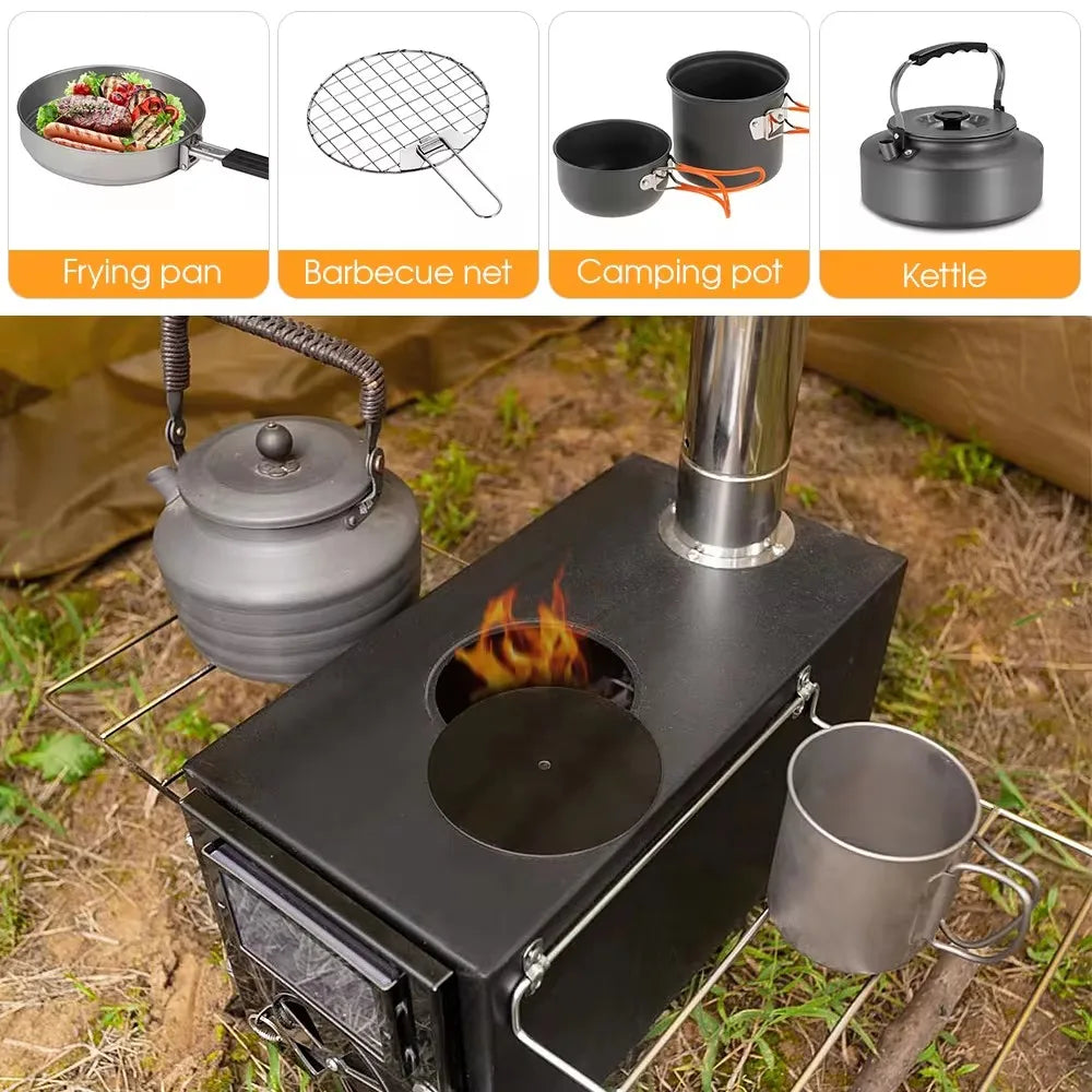 Portable Stainless Steel Tent Stove: Wood Burning Stove with Chimney Pipe for Camp Heating & Cooking