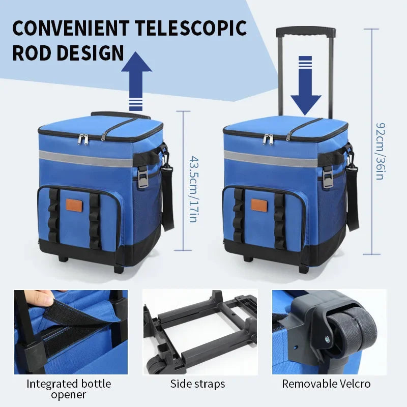 35L Leakproof Soft Cooler Bag with Wheels Large Capacity Insulated Thermal Tote for Picnic Camping Beach Delivery Multi-purpose Trekker Essentials