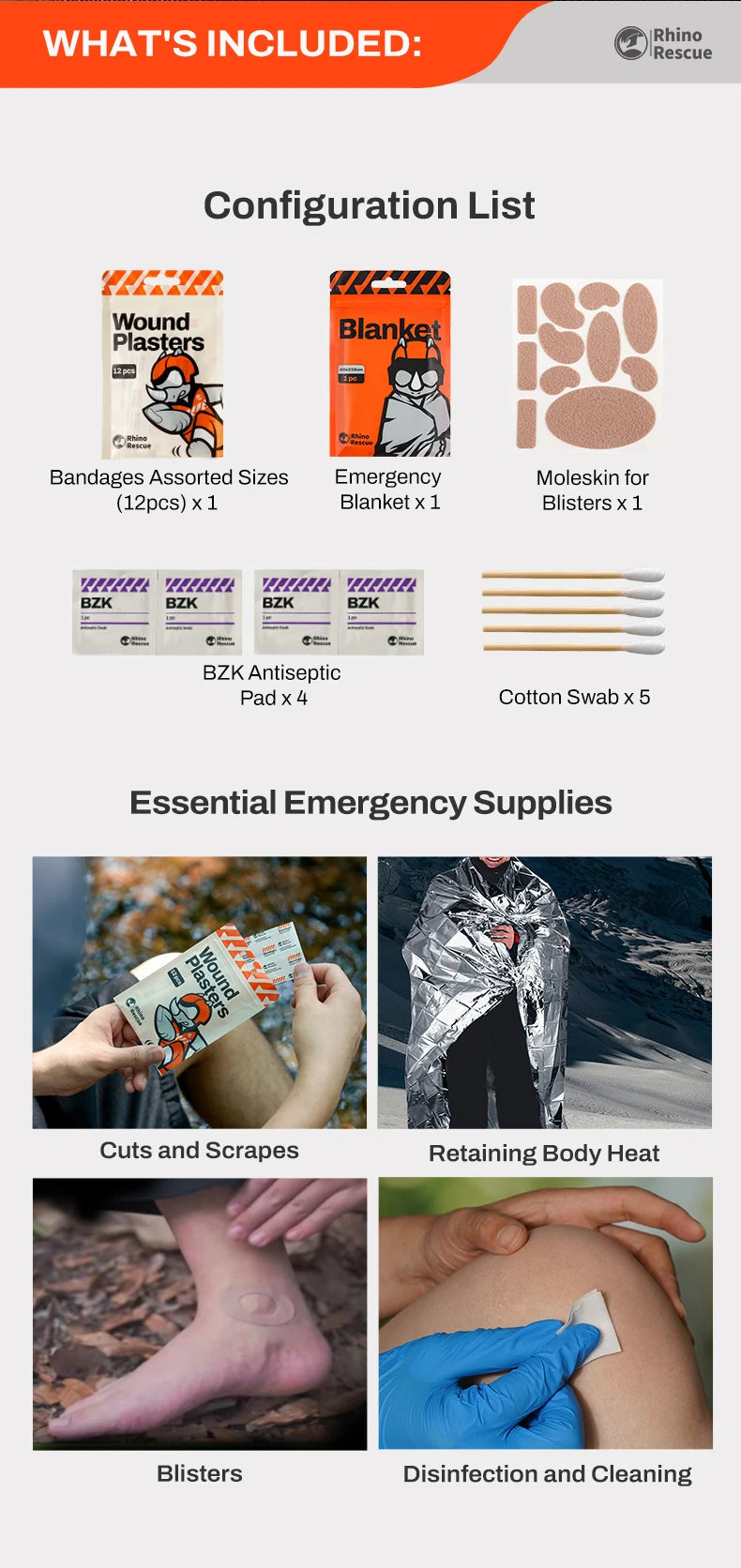 RHINO RESCUE Portable First Aid Kit – Lightweight Waterproof Emergency Kit for Hiking, Travel & Outdoor Use Trekker Essentials