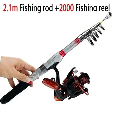 Rod+Reel Combo Spinning Reels Kit Telescopic Fishing Rods Set Carbon Fiber Pole for Lake Sea and 5.5:1 Gear Ratio Wheel for Bass Trekker Essentials