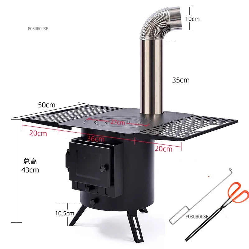 Mobile Wood Burning Heater Stove for Indoor & Outdoor Use - Portable Heating with Cooking Top