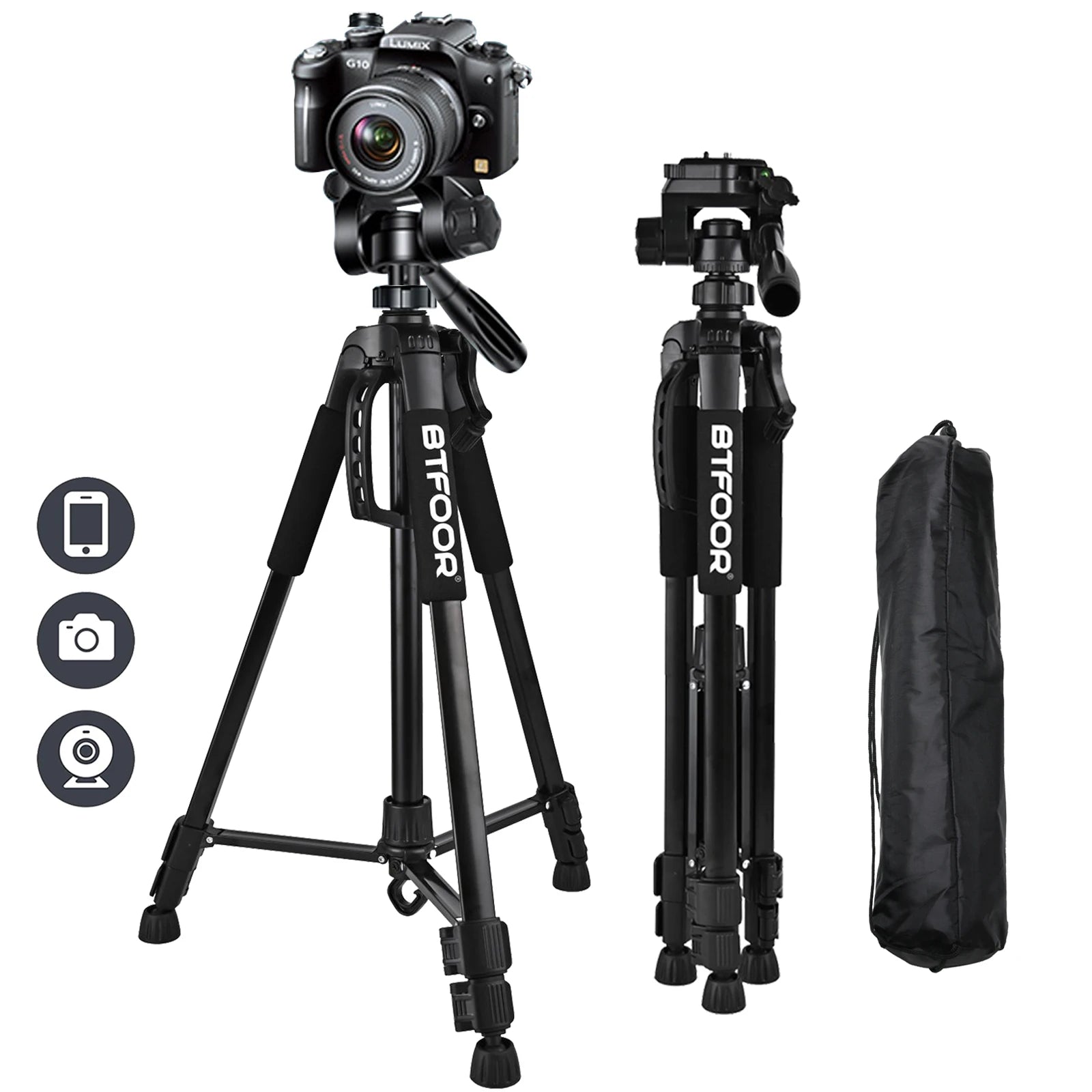 55" Aluminum Camera Tripod with Phone Mount - 140CM Tall Stand w/Pan Head for DSLR & Smartphone