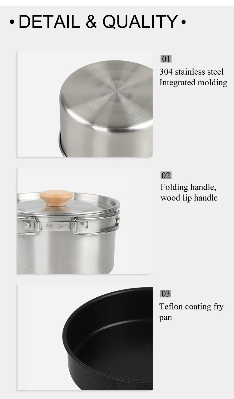 Stainless Steel Camping Cookware Set – Portable Outdoor Cooking Kit with Pot, Pan & Kettle for 2–3 People Trekker Essentials