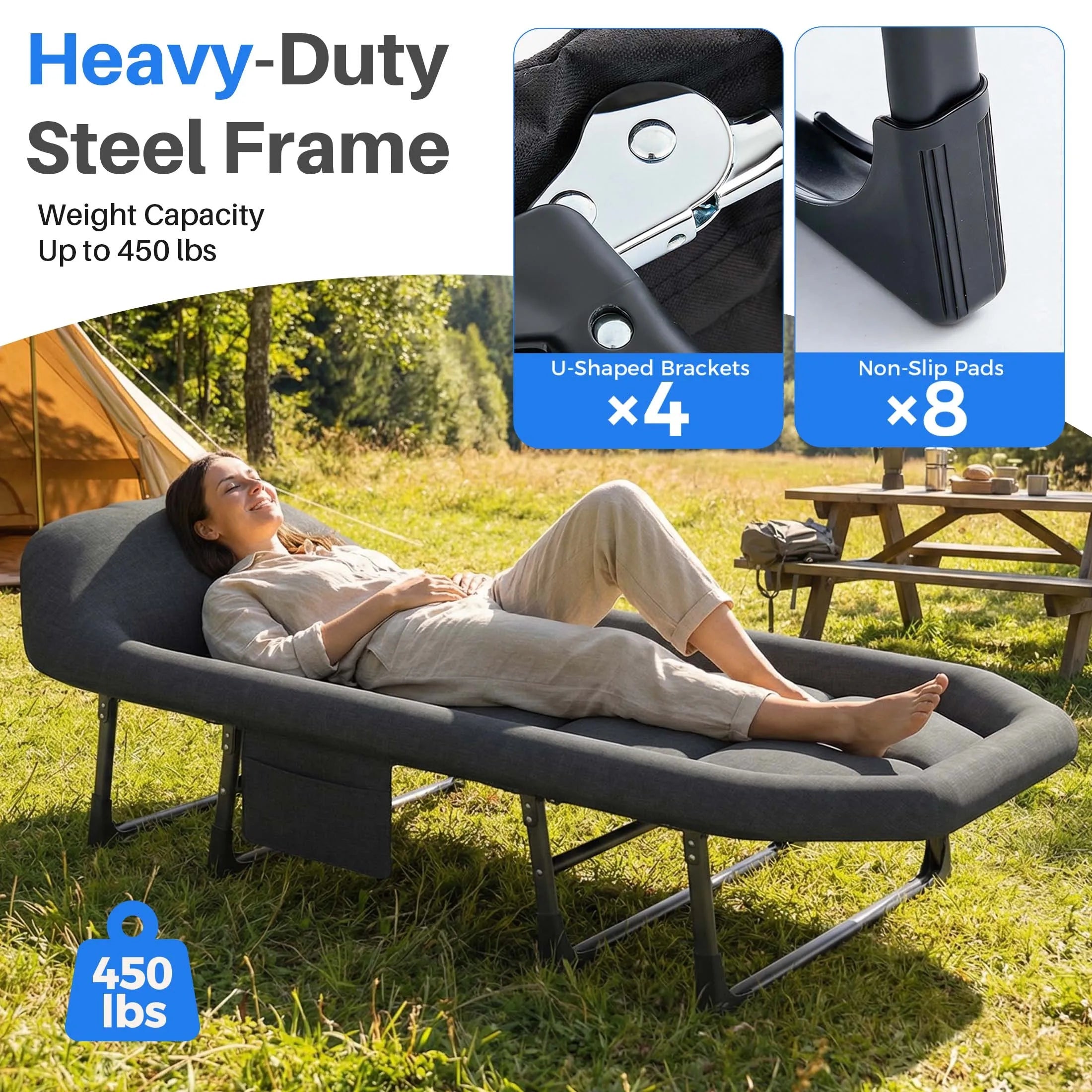 JHK Folding Camping Makeshift Bed with Mattress Lightweight Adjustable Camping Bed Supports 450 lbs Camping Cot with Carry Bag 6 Angle Camping Bed for Camp Outdoor Trekker Essentials