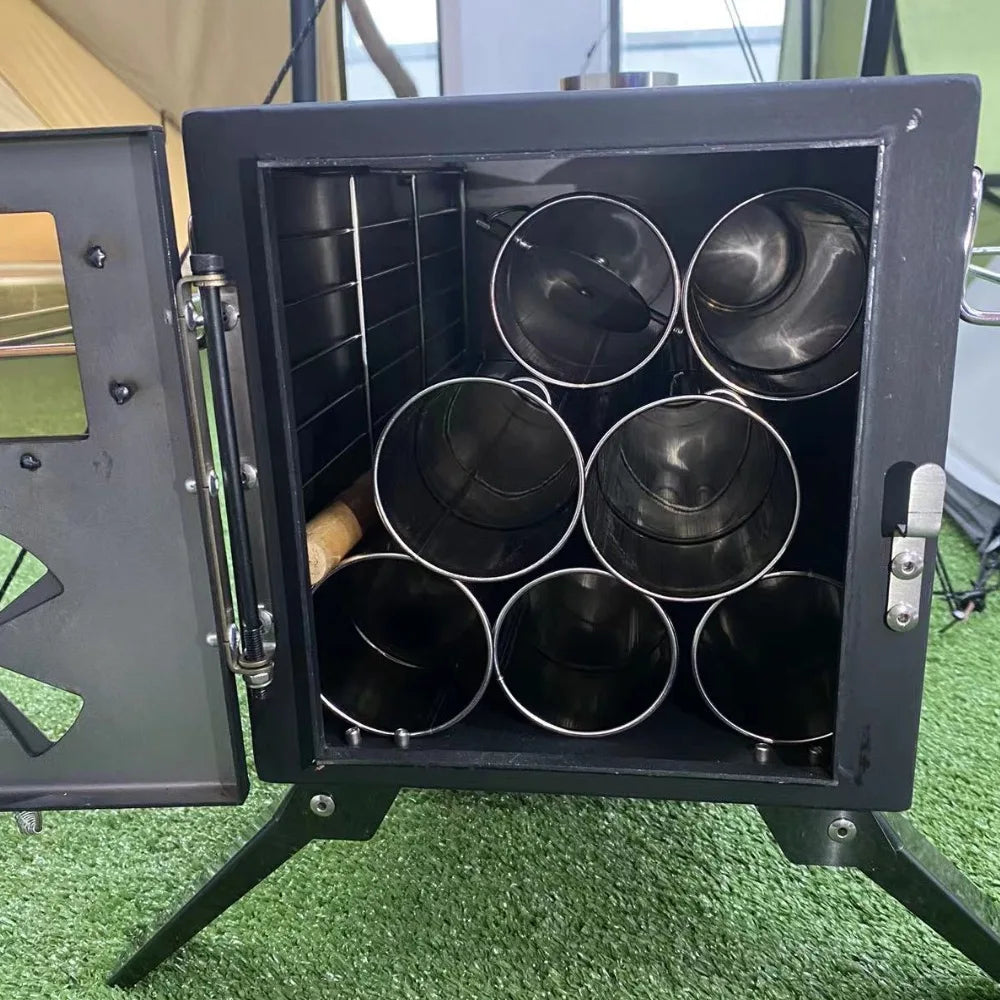 Portable Black Iron Wood Stove: Complete Tent Heating & Camping Cooking Stove Kit with Chimney