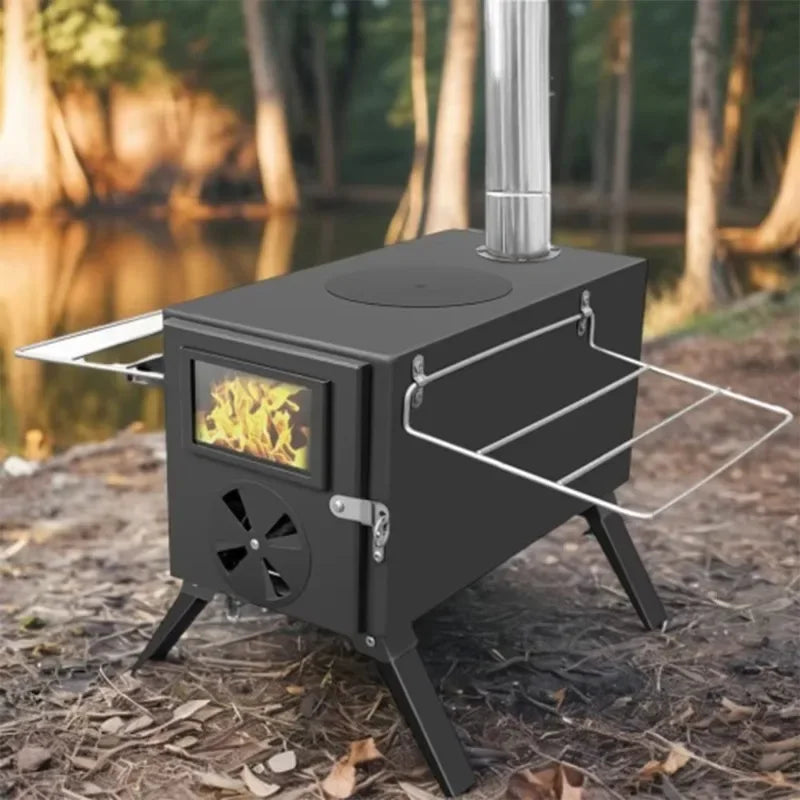 Portable Black Iron Wood Stove: Complete Tent Heating & Camping Cooking Stove Kit with Chimney