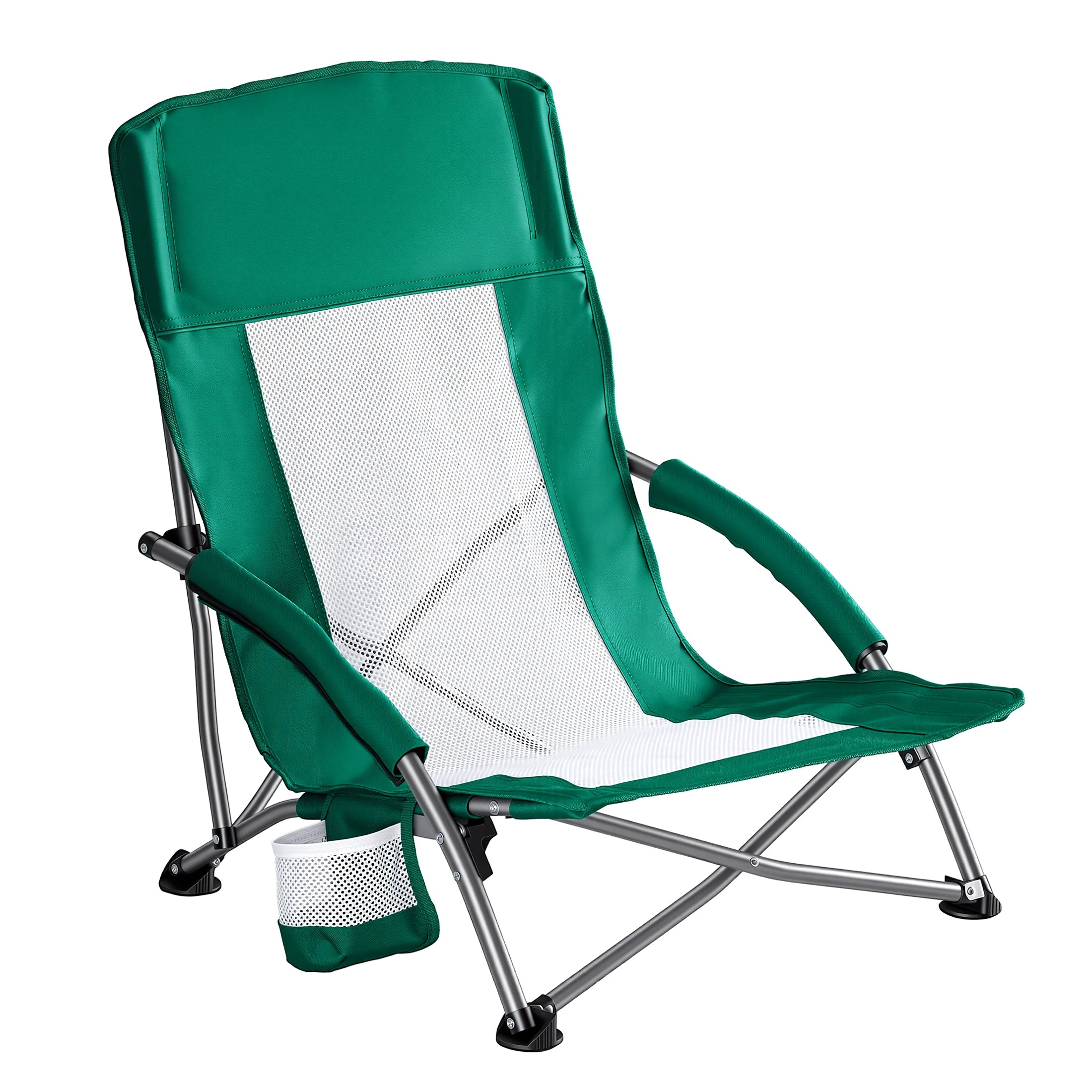 JHK Portable Lightweight Low Camping Beach Chair Mesh Back Padded Armrests Folding Beach Chair with Cup Holder Storage Pocket for Camp Picnic Lawn Trekker Essentials