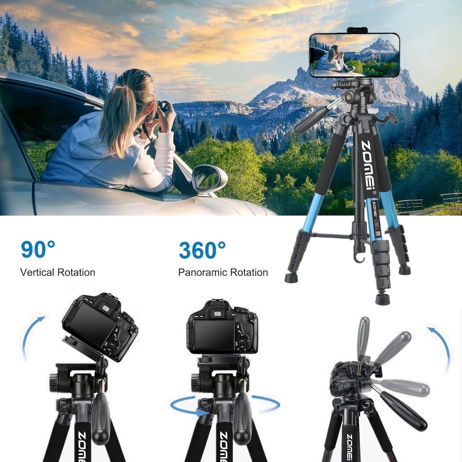 73.6" Professional Camera Tripod - 5kg Load Aluminum Alloy DSLR/Phone Stand