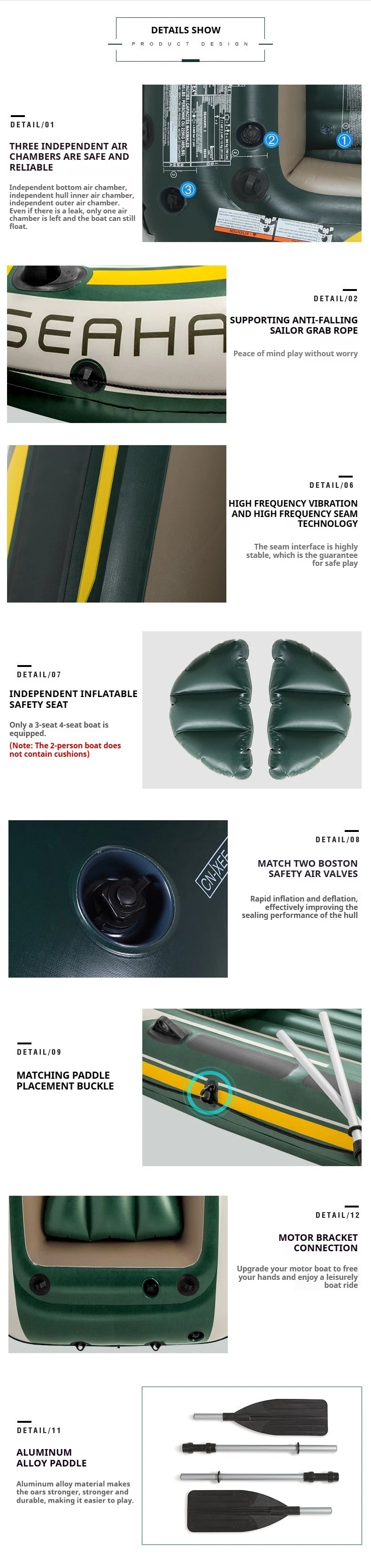 Heavy-Duty 1-3 Person Inflatable Boat: Fishing Dinghy with Detachable Seats & Foldable Kayak Design