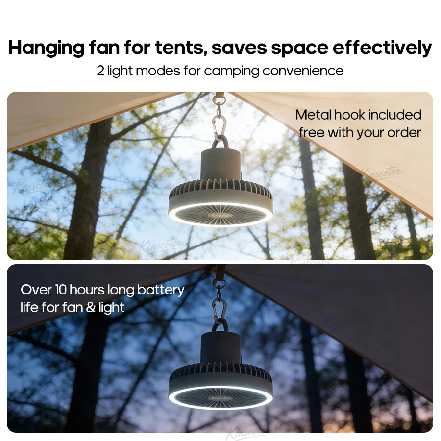 10000mAh Camping Fan Rechargeable Desktop Portable Air Circulator Wireless Ceiling Electric Fan with Power Bank LED Light Tripod Trekker Essentials