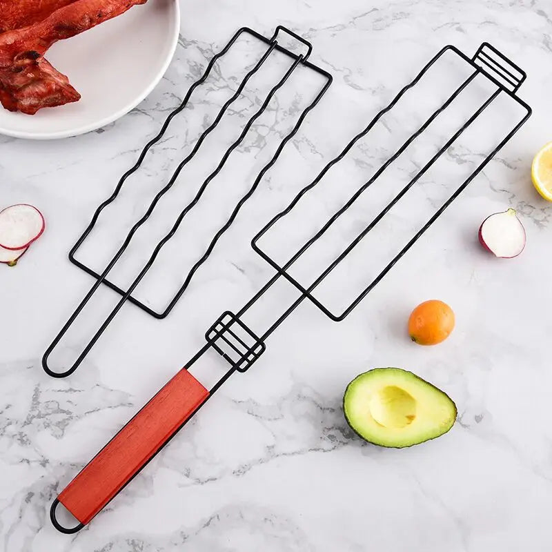 Pinza de malla antiadherente para barbacoa con mango de madera para camping