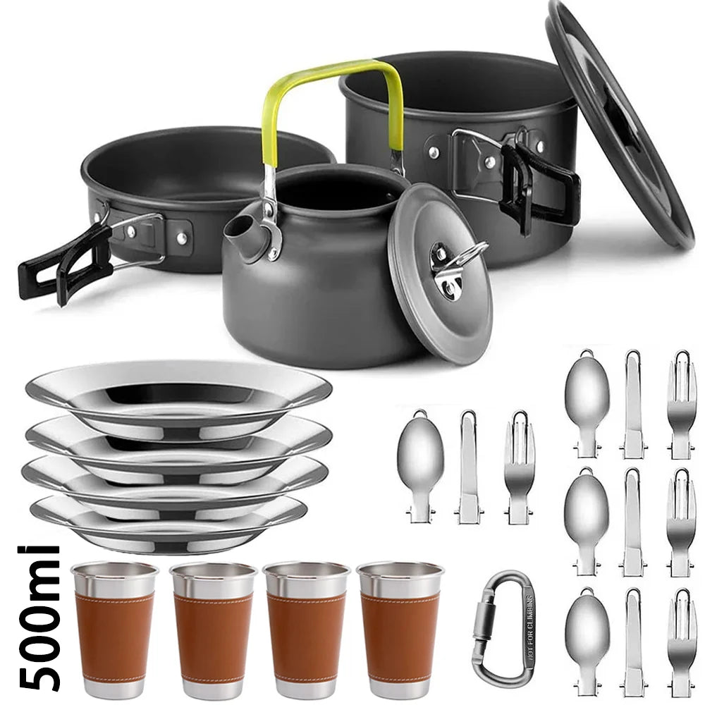 Lightweight Aluminum Camping Cookware Set – Portable Outdoor Cooking Kit for 2–4 People with Mesh Storage Bag Trekker Essentials