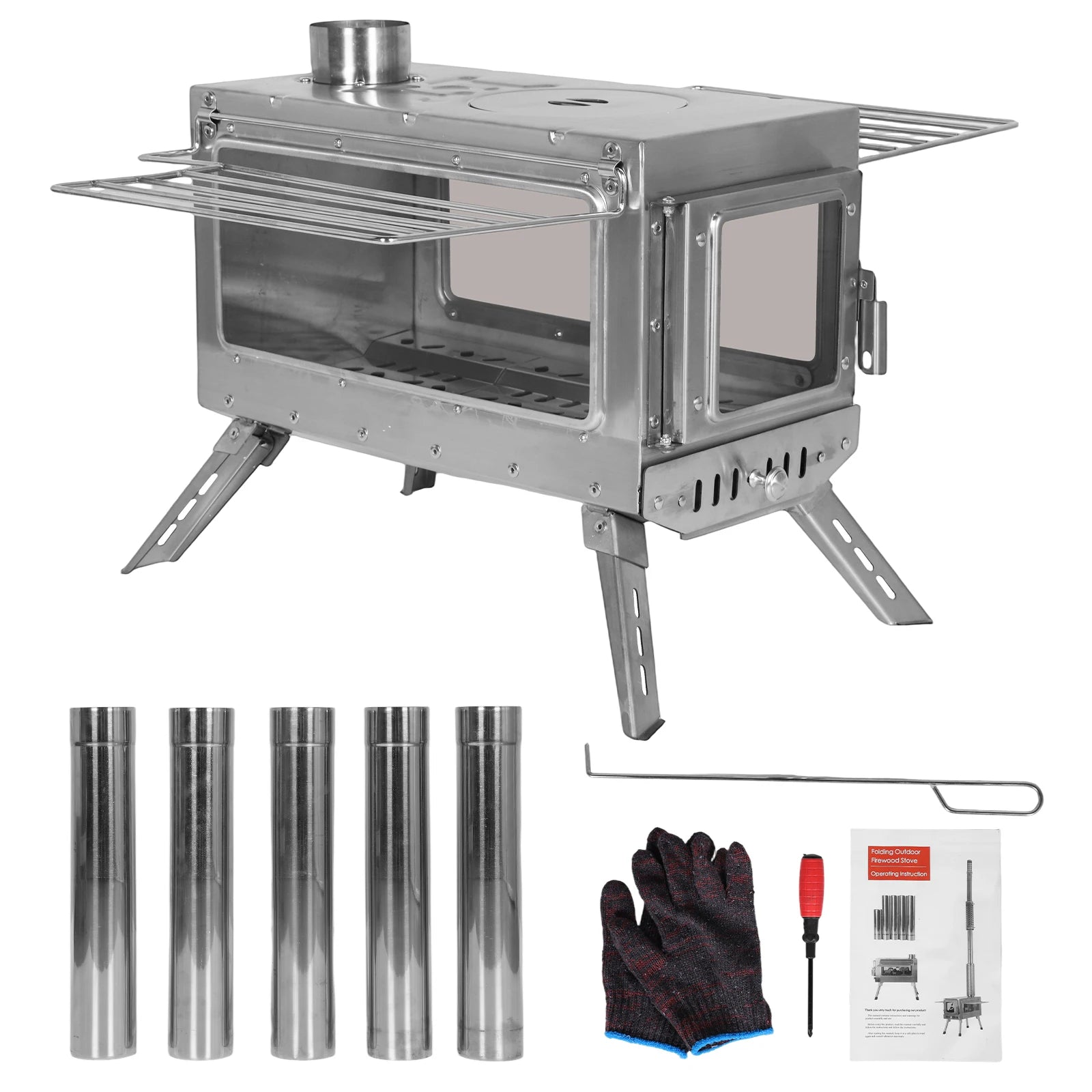 Large Stainless Steel Tent Stove with Chimney Pipe: Portable Wood Burner for Heating & Cooking