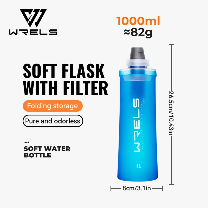 WRELS Soft Water Bottle with Filter Ultralight Collapsible Water Filter Bottle Hydrapak Soft Flask for Hiking Camping Backpack Trekker Essentials