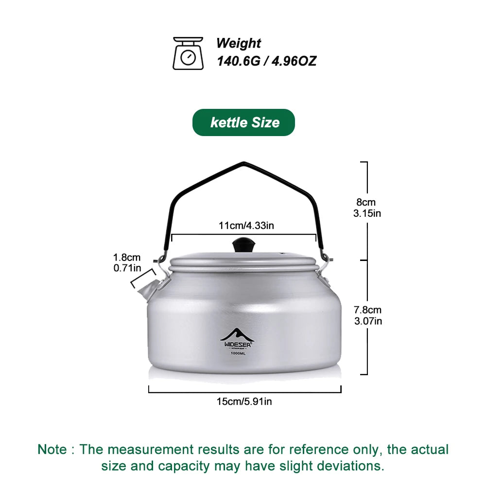 1L Pure Aluminum Camping Kettle with Short-Hole Removal Handle, Lightweight Portable Travel Cookware