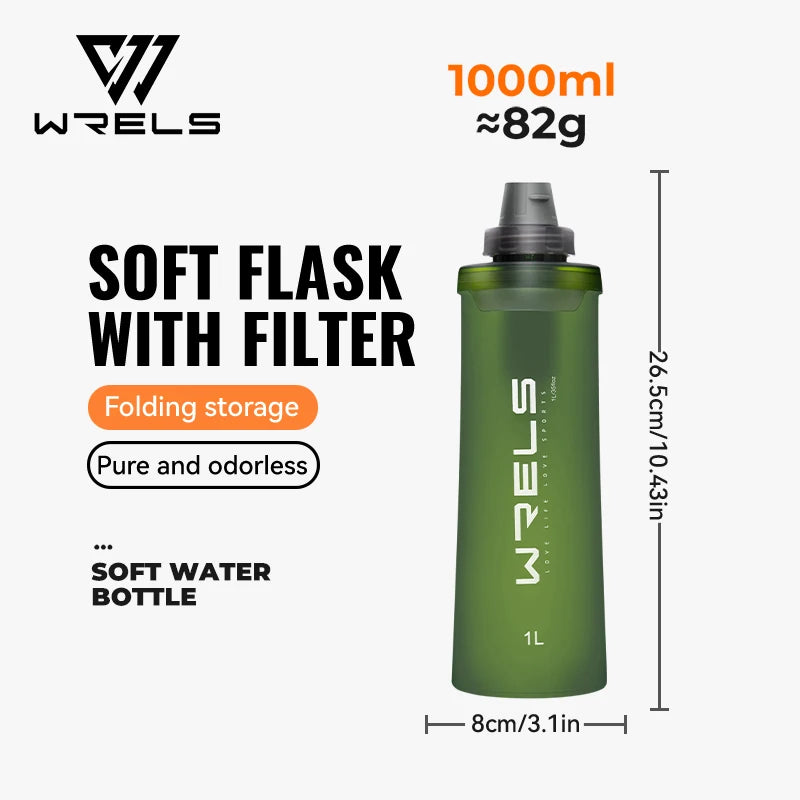 WRELS Soft Water Bottle with Filter Ultralight Collapsible Water Filter Bottle Hydrapak Soft Flask for Hiking Camping Backpack Trekker Essentials