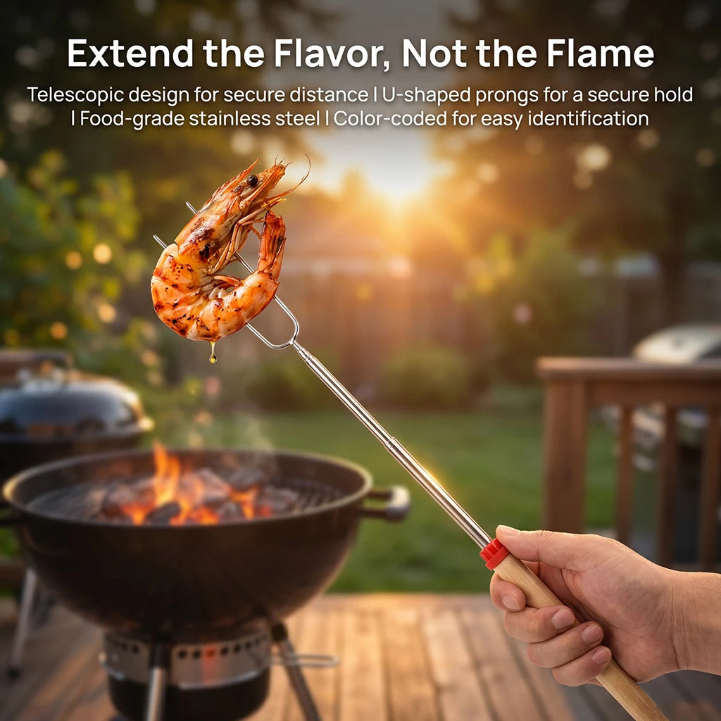 Telescopic Marshmallow Roasting Sticks, Extendable Stainless Steel BBQ Forks with Wooden Handles for Outdoor Camp Campfire Trekker Essentials