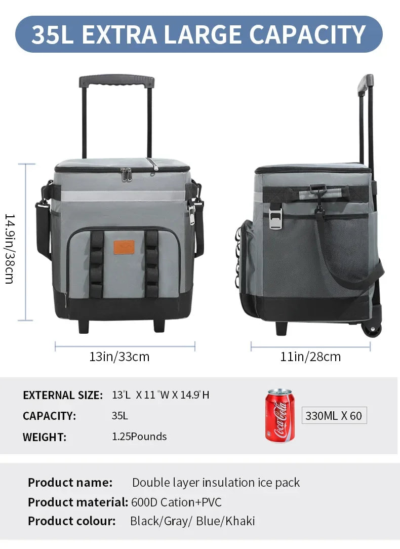 35L Leakproof Soft Cooler Bag with Wheels Large Capacity Insulated Thermal Tote for Picnic Camping Beach Delivery Multi-purpose Trekker Essentials