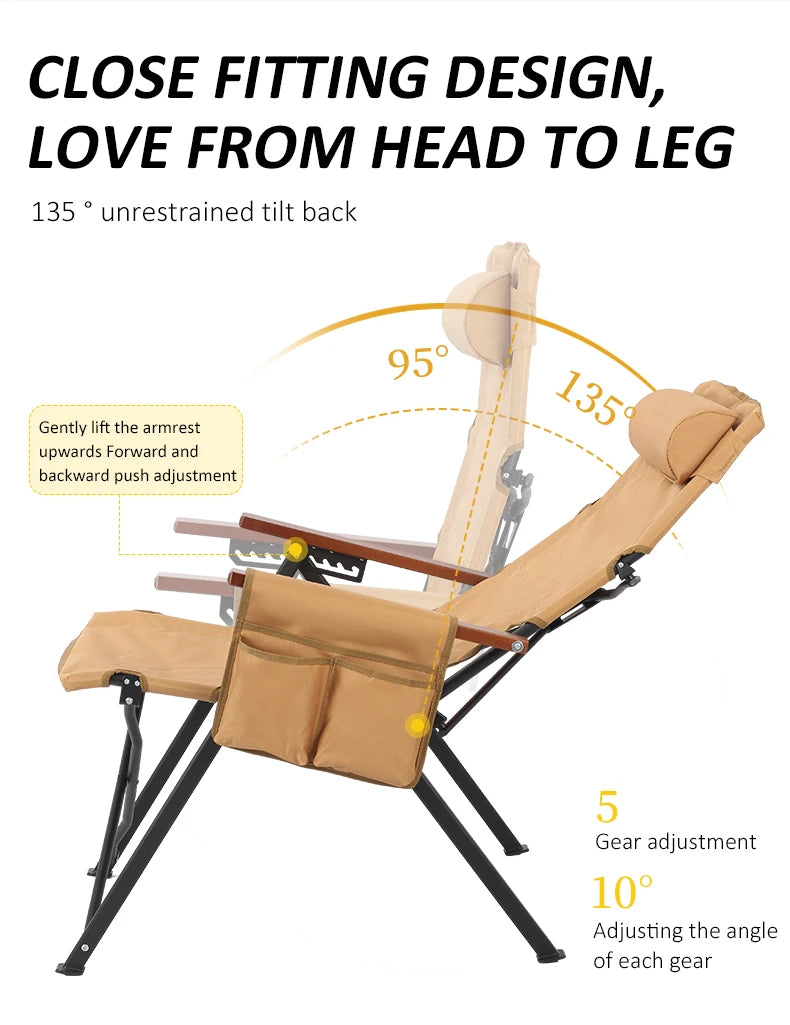 Adjustable 5-Position Folding Chair With Pillow & Armrests - Perfect For Outdoor Camping, Fishing, And Patio Relaxation