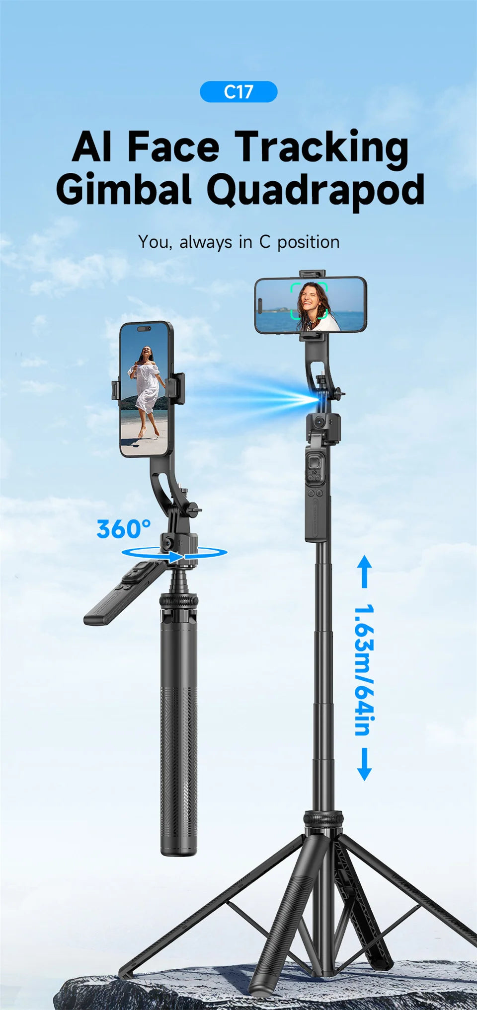 AI Tracking Selfie Stick - 360° Auto-Follow Tripod with Bluetooth Remote