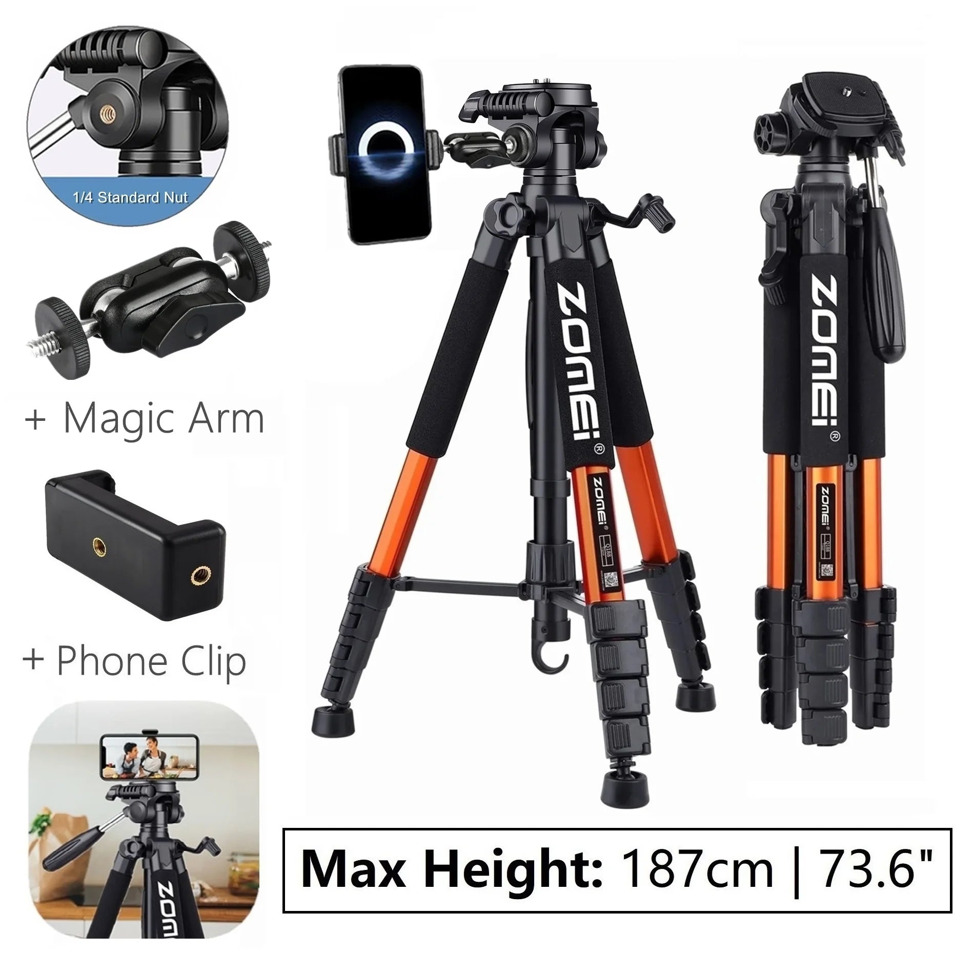 73.6" Professional Camera Tripod - 5kg Load Aluminum Alloy DSLR/Phone Stand