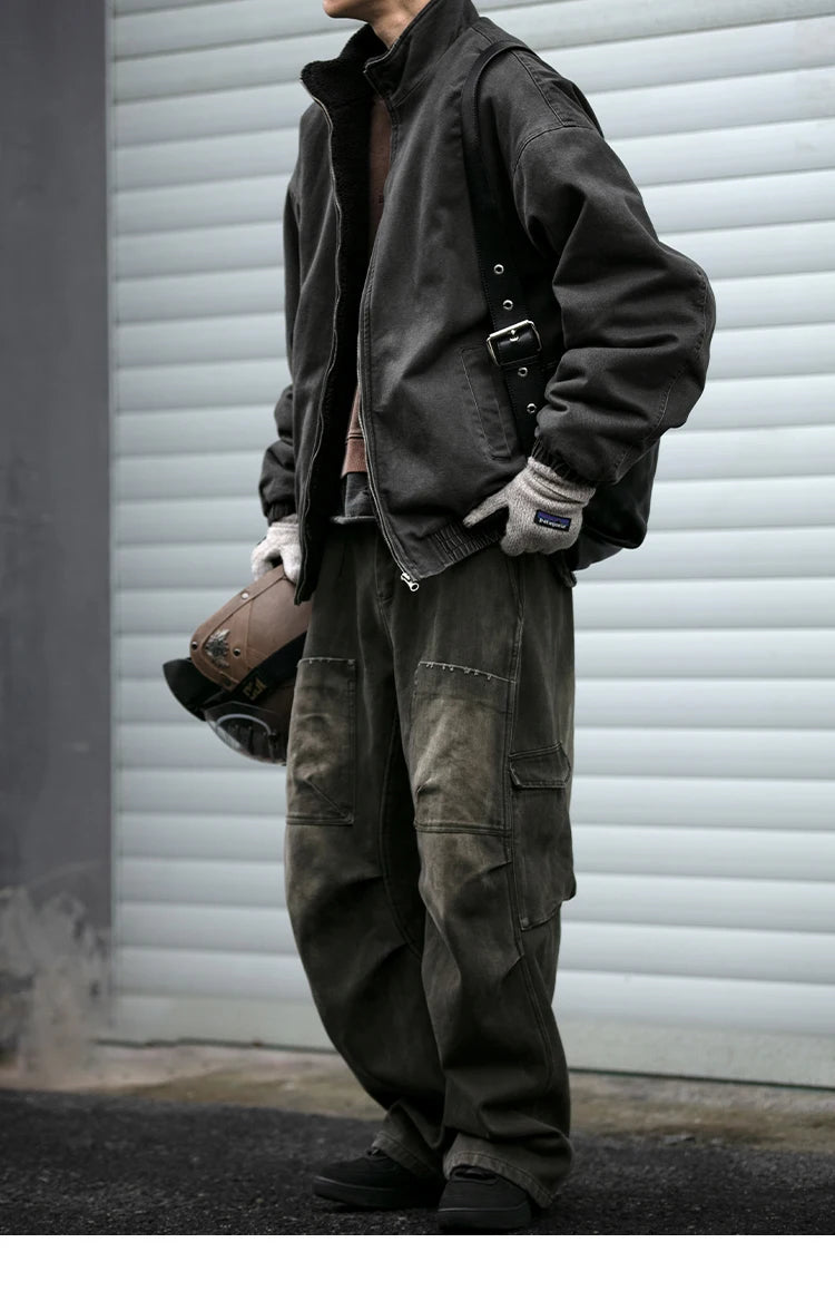 Vintage Polar Fleece Jacket Men's Winter Thick Loose Fit Streetwear Warm Coat