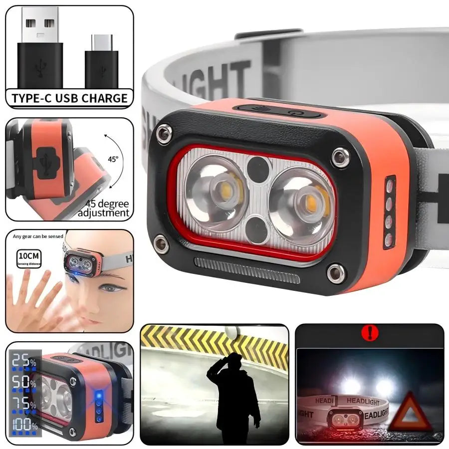 Rechargeable Motion Sensor Headlamp - 45° Adjustable Hands-Free Light for Camping, Hiking & Fishing