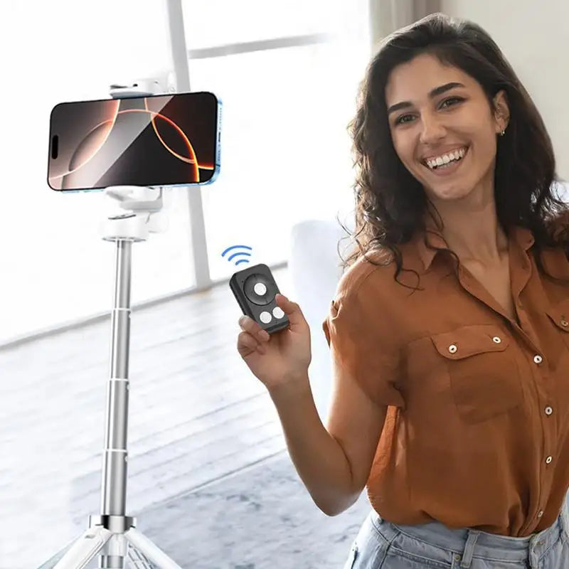 Trípode para selfies giratorio de 360° con control remoto inalámbrico y soporte para teléfono