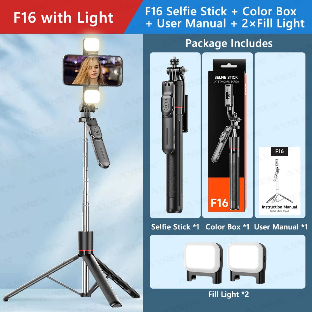 F16 Selfie Stick Tripod with 1708mm Long 8-Section Pole, Bluetooth Remote, 360° Rotation, 1/4 Interface, for Phone Camera Vlog Trekker Essentials