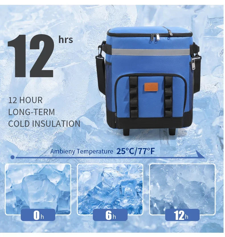35L Leakproof Soft Cooler Bag with Wheels Large Capacity Insulated Thermal Tote for Picnic Camping Beach Delivery Multi-purpose Trekker Essentials