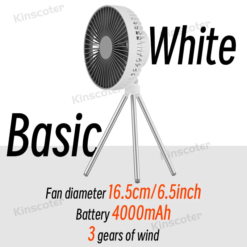 10000mAh Camping Fan Rechargeable Desktop Portable Air Circulator Wireless Ceiling Electric Fan with Power Bank LED Light Tripod Trekker Essentials