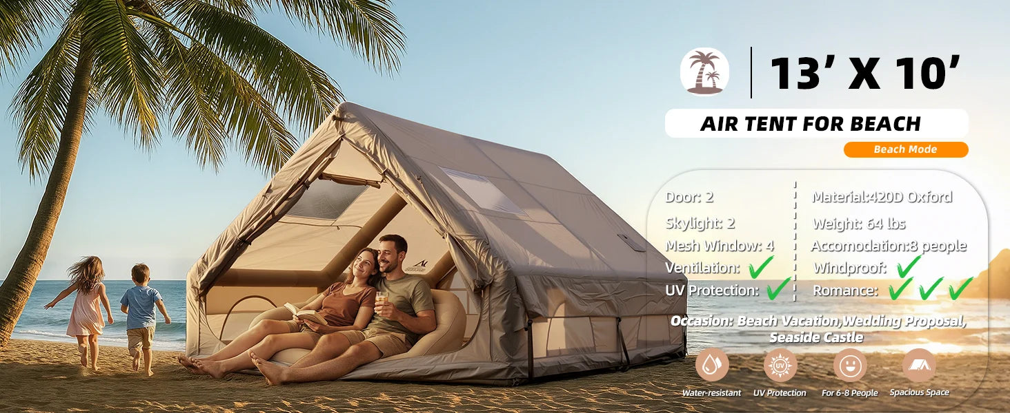 Portable Inflatable Camping Tent 2/4/6/8 Person for Family 420D Oxford Inflatable Tent House with Skylight 4 Seson Blow up Tent with Stove Jack AC Vent Mesh Window Trekker Essentials