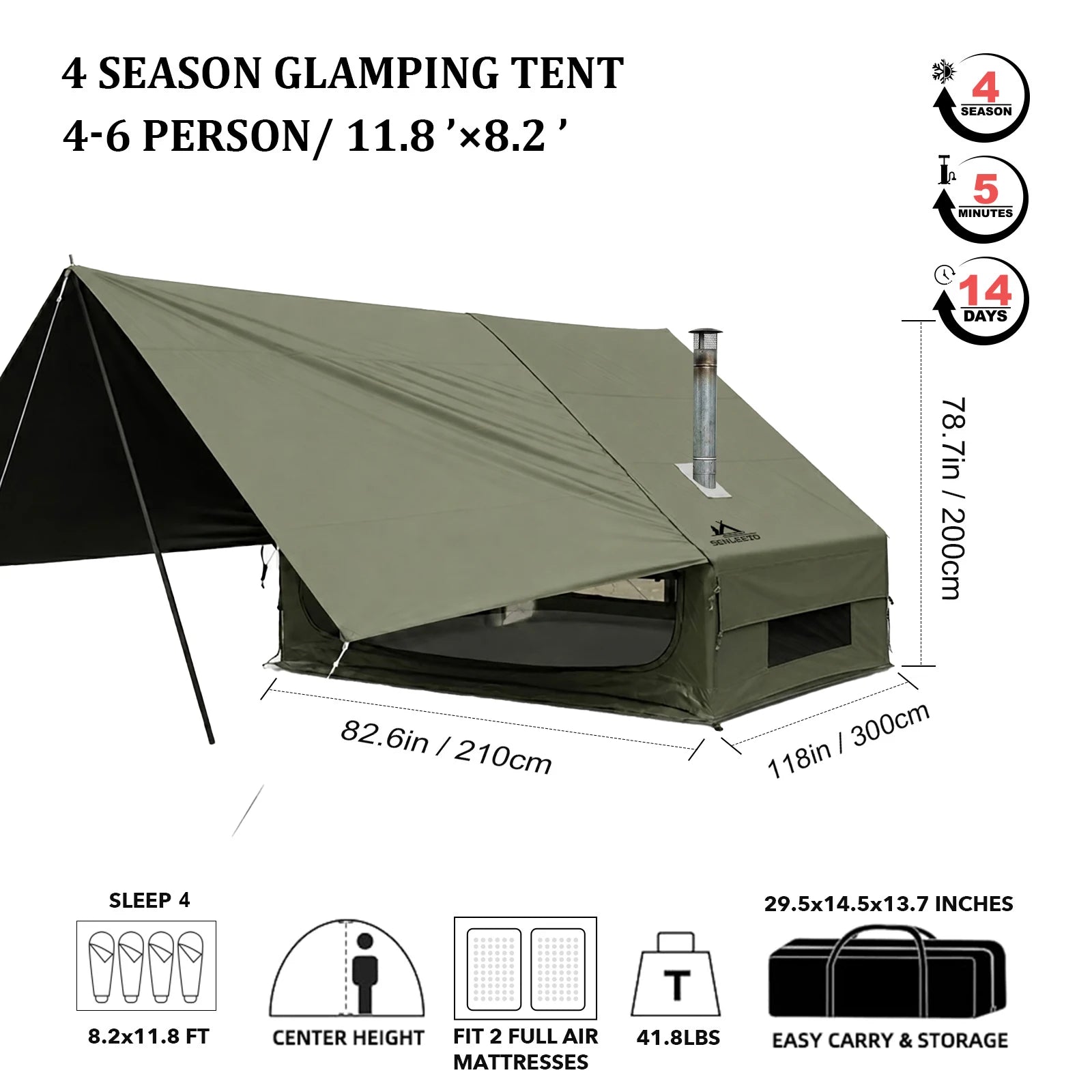 Portable Inflatable Camping Tent 2/4/6/8 Person for Family 420D Oxford Inflatable Tent House with Skylight 4 Seson Blow up Tent with Stove Jack AC Vent Mesh Window Trekker Essentials