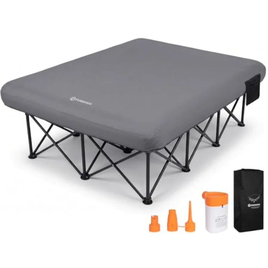 Queen Camping Cot with Electric Pump 2 Person Inflatable Air Mattress with Folding Frame Portable Camping Bed with Cup Holders