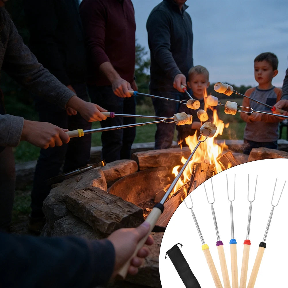 Telescopic Marshmallow Roasting Sticks, Extendable Stainless Steel BBQ Forks with Wooden Handles for Outdoor Camp Campfire Trekker Essentials
