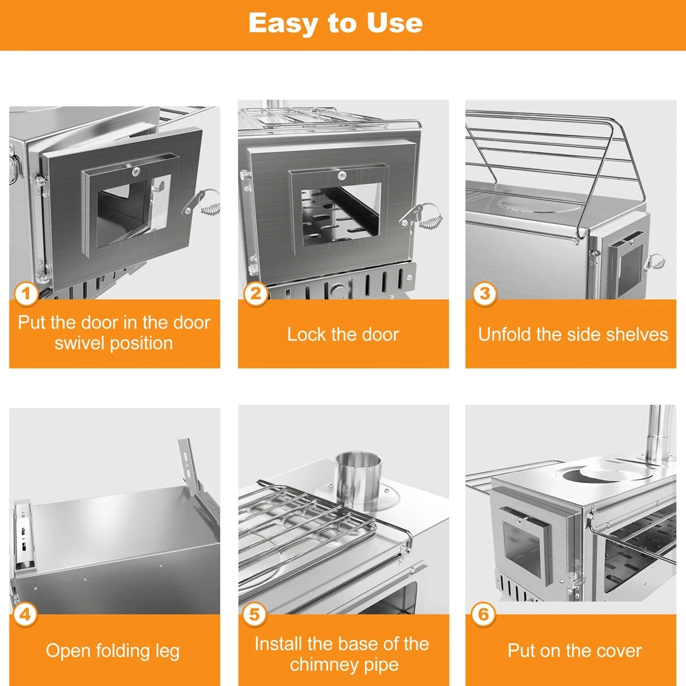 Portable Hot Tent Stove with 6 Chimney Pipes | Stainless Steel Wood Burning Stove for Camping Heating & Cooking