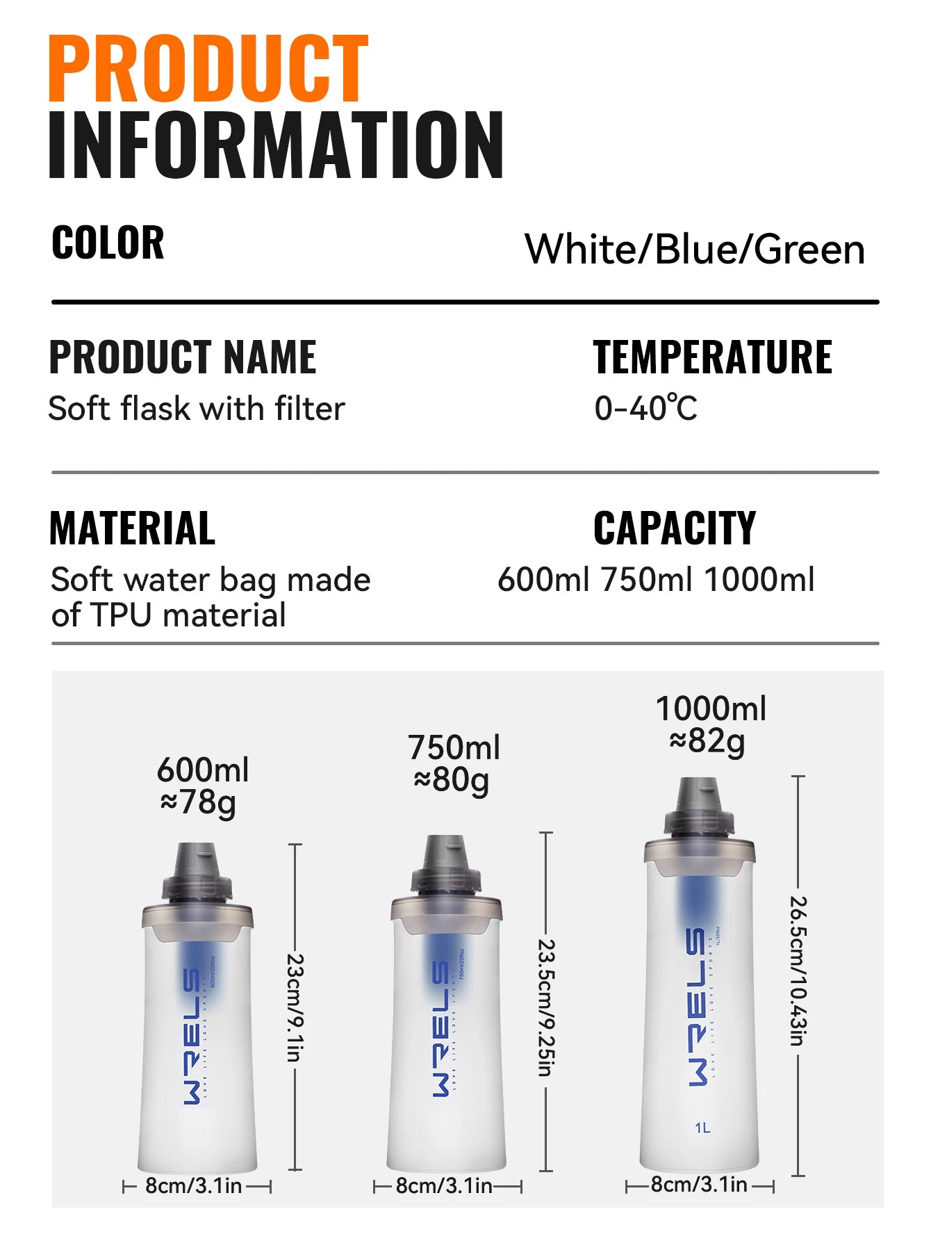 WRELS Soft Water Bottle with Filter Ultralight Collapsible Water Filter Bottle Hydrapak Soft Flask for Hiking Camping Backpack Trekker Essentials